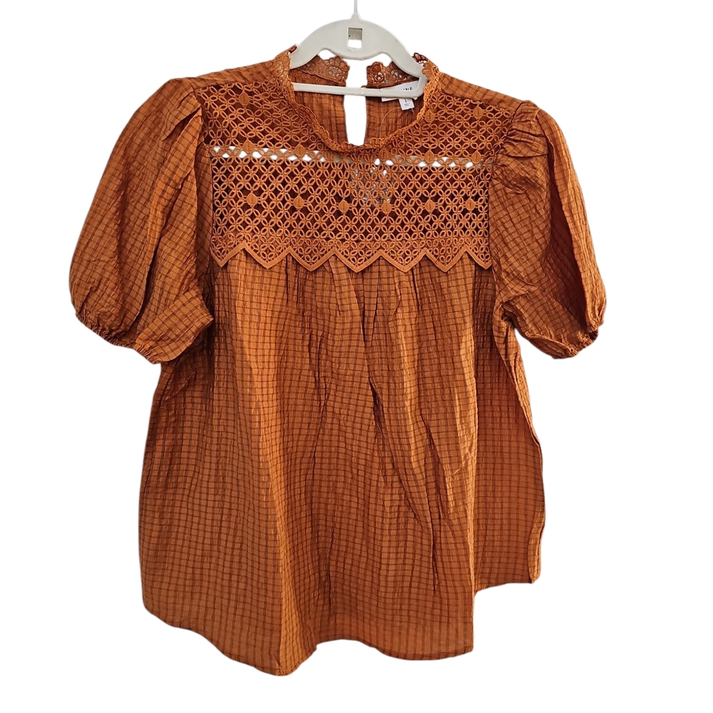NEW Mine Womens Lace Top Size L Orange Brown Plaid